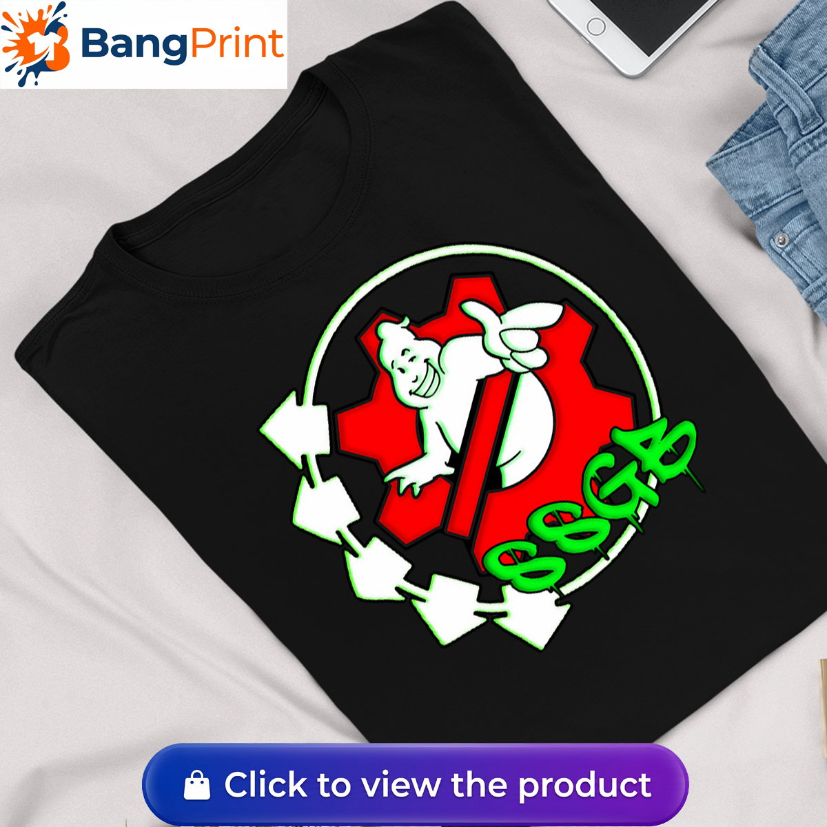 Black t-shirt featuring a white ghost character inside a red gear, surrounded by neon green arrows and SSGB graffiti dripping text.