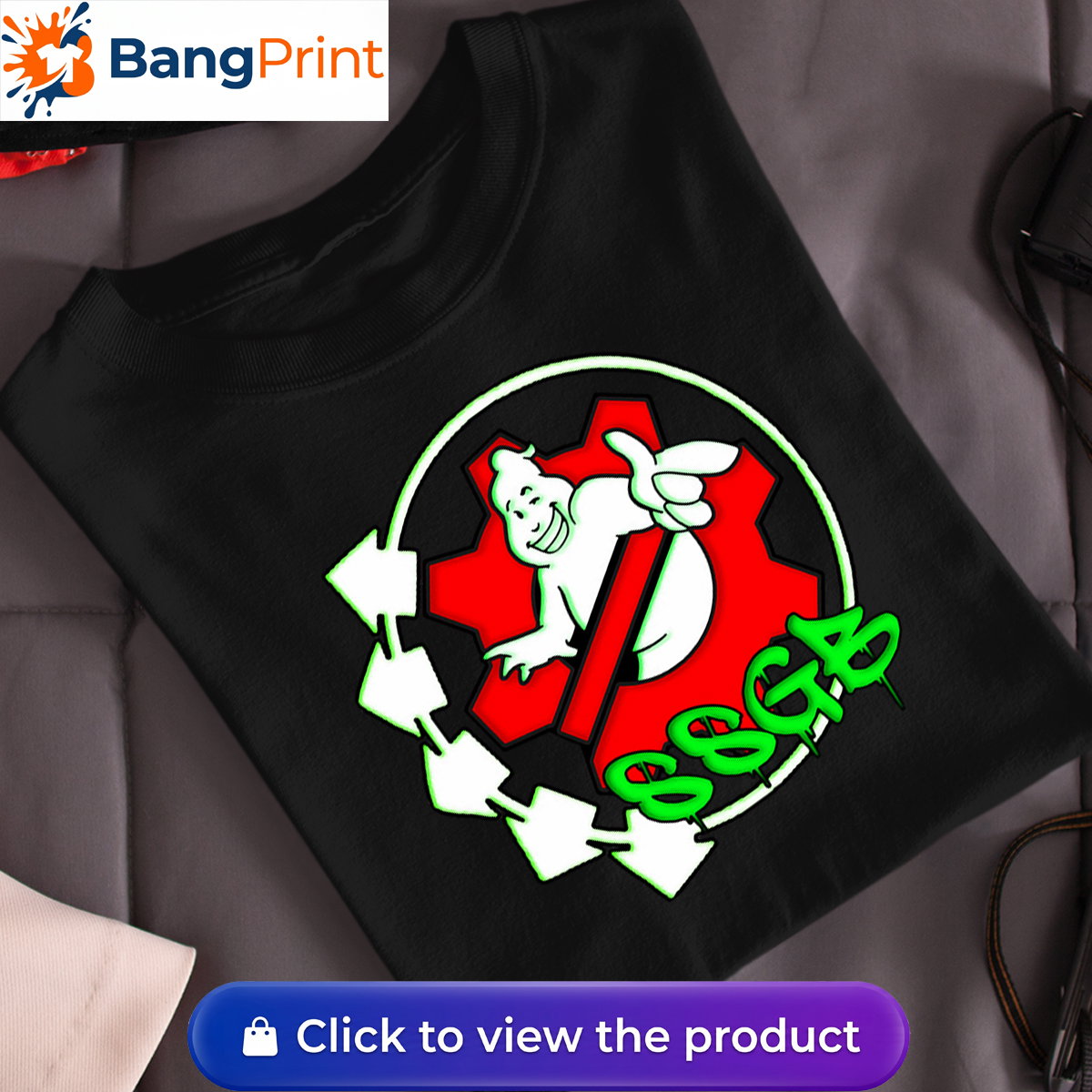 Black t-shirt featuring a white ghost character inside a red gear, surrounded by neon green arrows and SSGB graffiti dripping text.