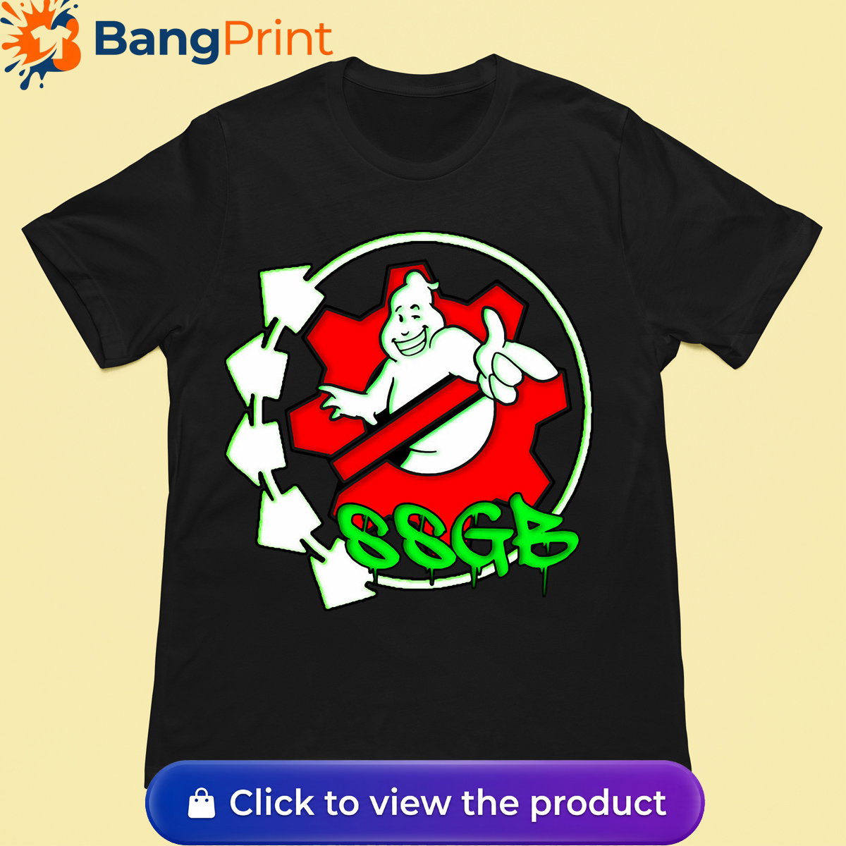 Black t-shirt featuring a white ghost character inside a red gear, surrounded by neon green arrows and SSGB graffiti dripping text.