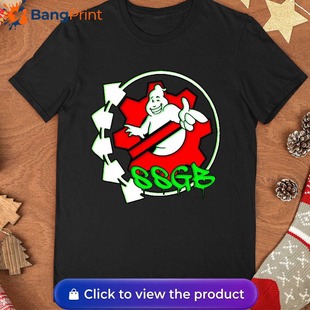 Black t-shirt featuring a white ghost character inside a red gear, surrounded by neon green arrows and SSGB graffiti dripping text.