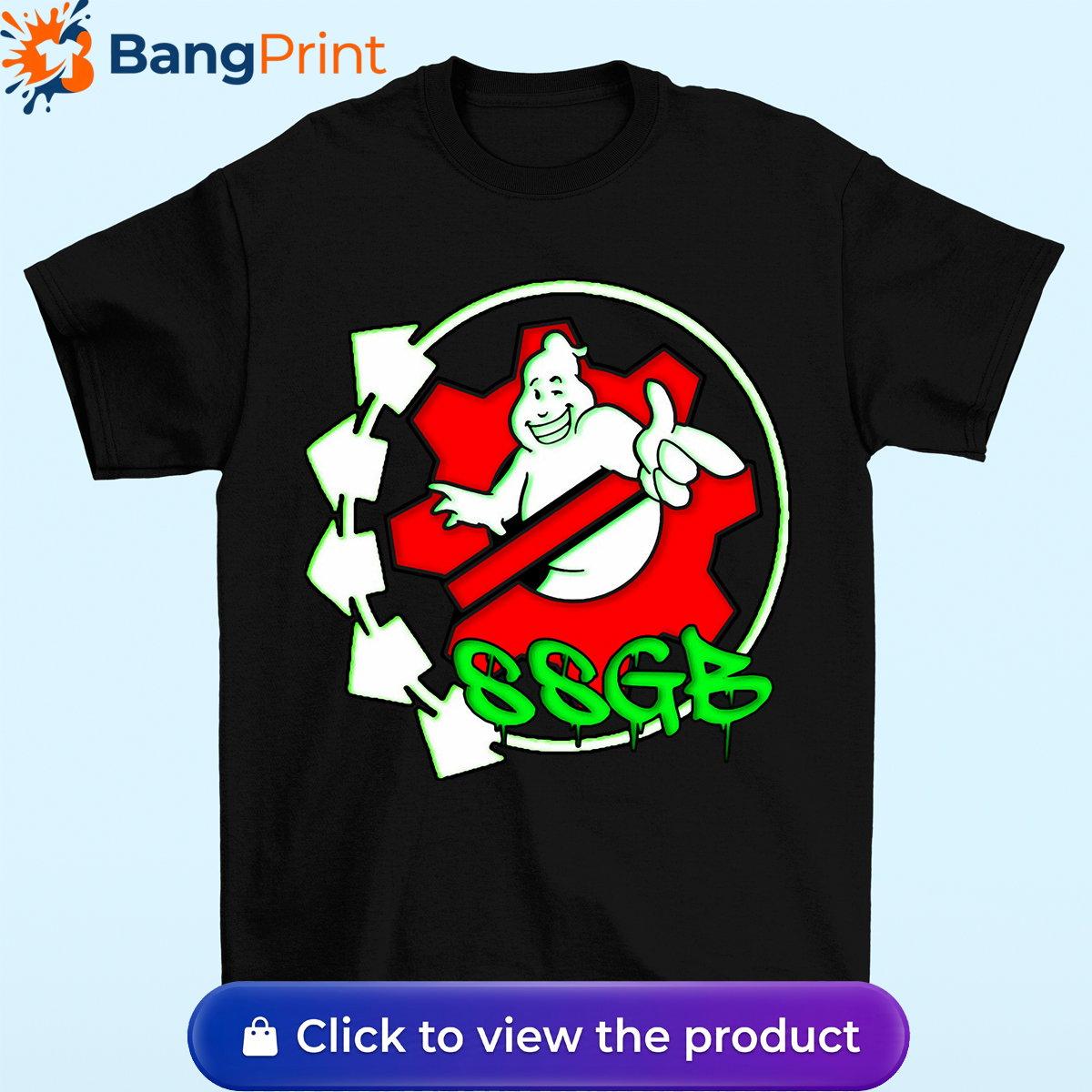 Black t-shirt featuring a white ghost character inside a red gear, surrounded by neon green arrows and SSGB graffiti dripping text.