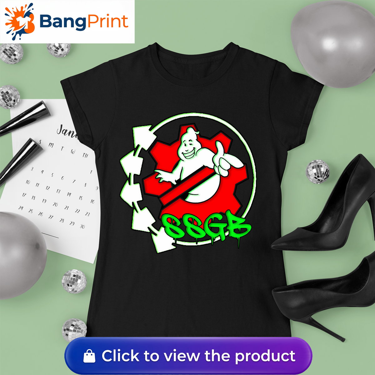 Black t-shirt featuring a white ghost character inside a red gear, surrounded by neon green arrows and SSGB graffiti dripping text.