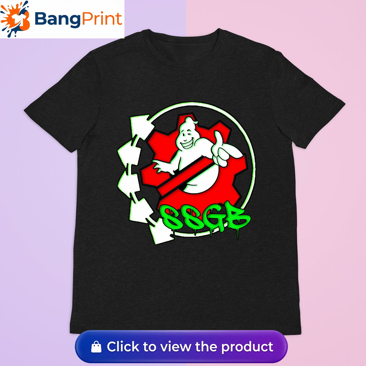 Black t-shirt featuring a white ghost character inside a red gear, surrounded by neon green arrows and SSGB graffiti dripping text.