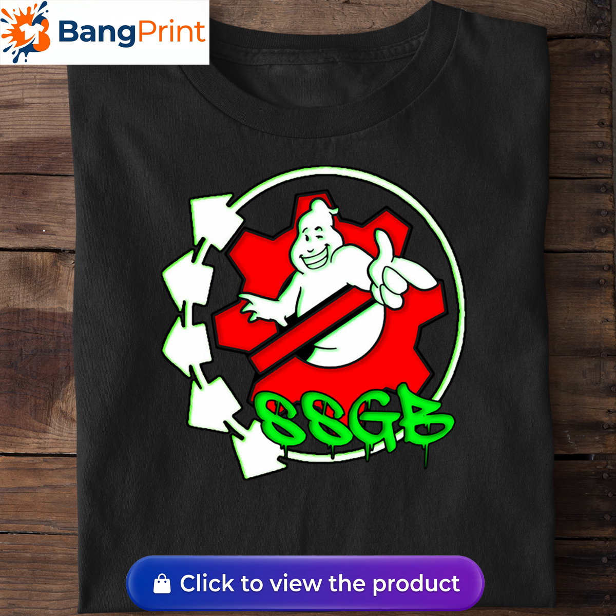 Black t-shirt featuring a white ghost character inside a red gear, surrounded by neon green arrows and SSGB graffiti dripping text.