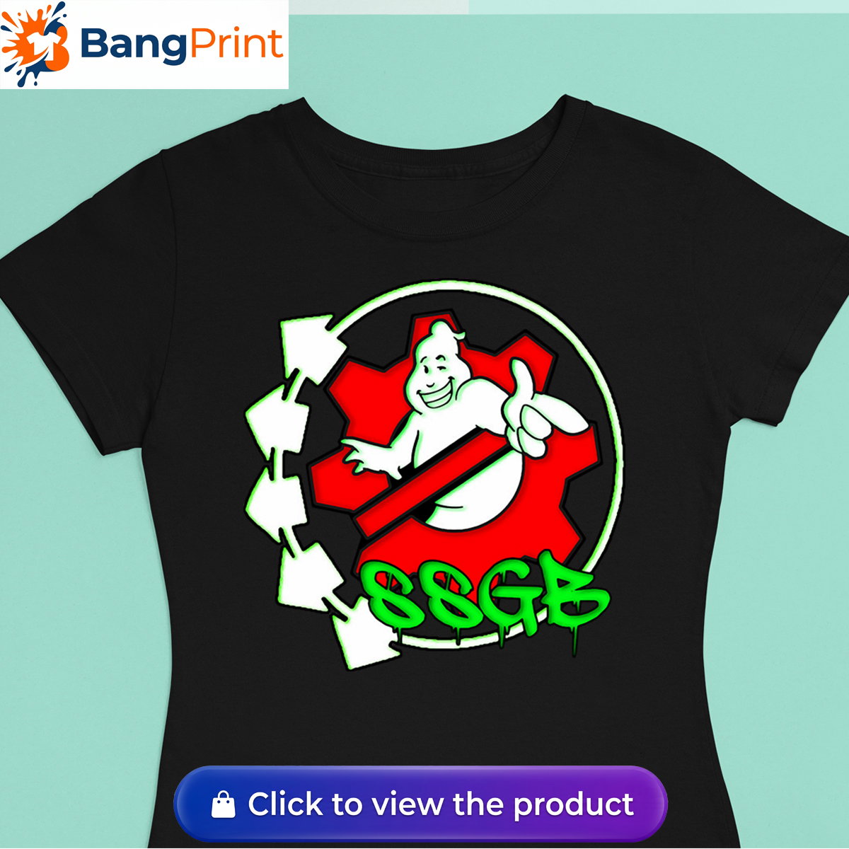 Black t-shirt featuring a white ghost character inside a red gear, surrounded by neon green arrows and SSGB graffiti dripping text.