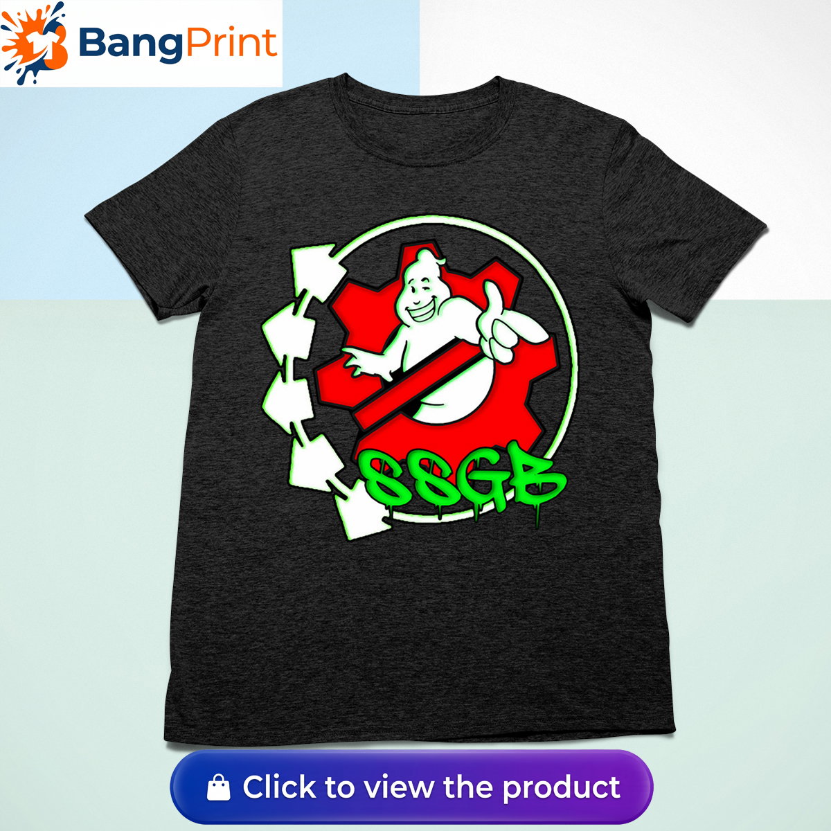 Black t-shirt featuring a white ghost character inside a red gear, surrounded by neon green arrows and SSGB graffiti dripping text.