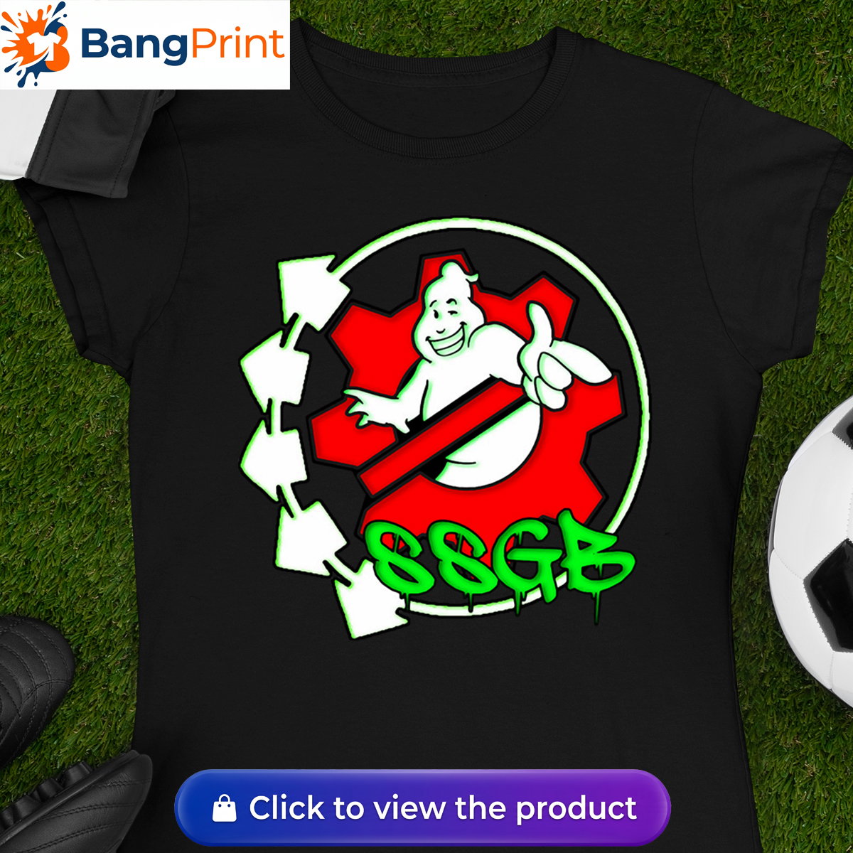 Black t-shirt featuring a white ghost character inside a red gear, surrounded by neon green arrows and SSGB graffiti dripping text.