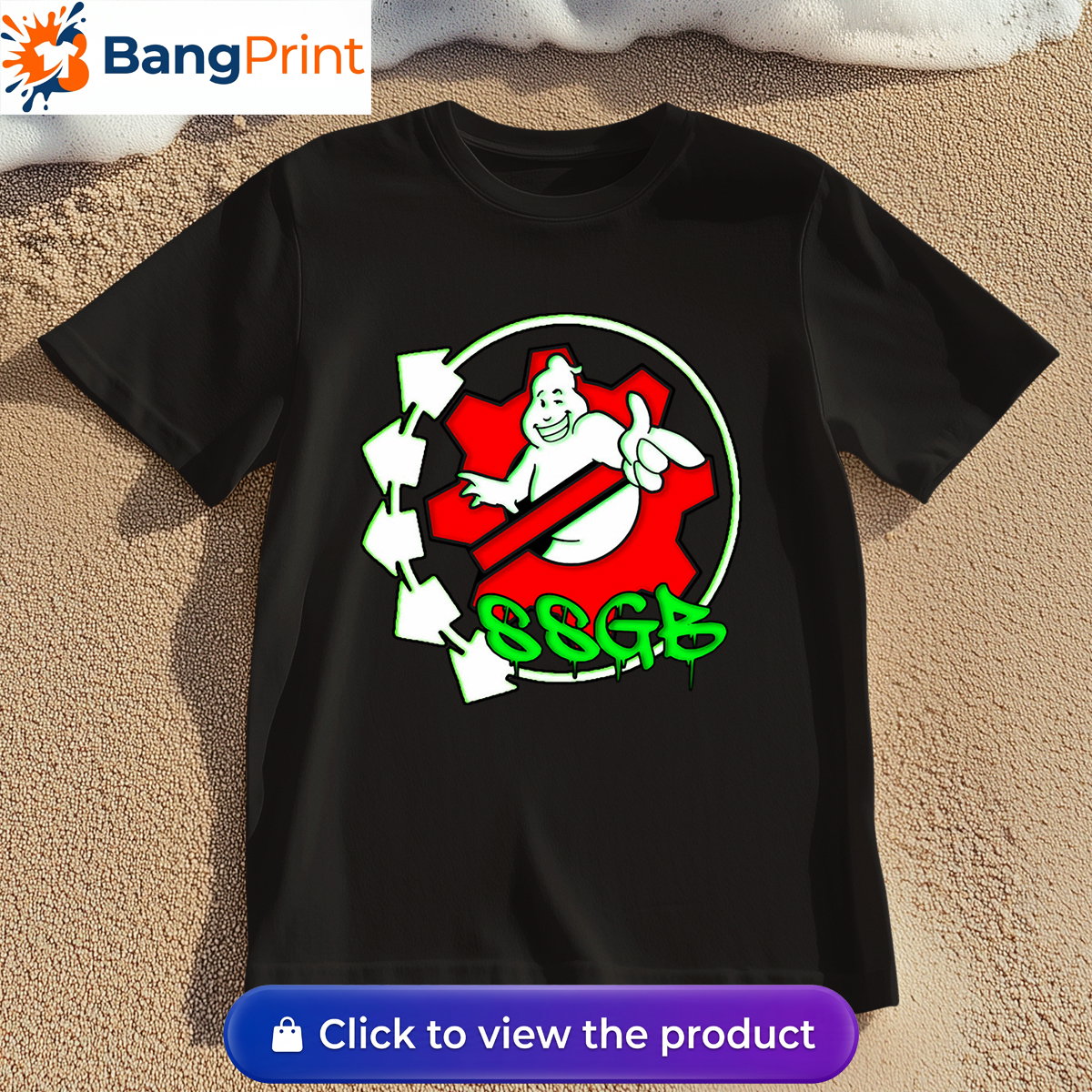 Black t-shirt featuring a white ghost character inside a red gear, surrounded by neon green arrows and SSGB graffiti dripping text.