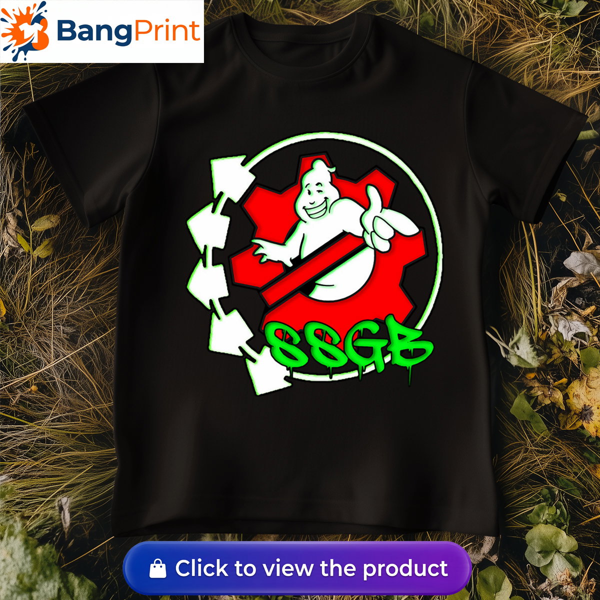 Black t-shirt featuring a white ghost character inside a red gear, surrounded by neon green arrows and SSGB graffiti dripping text.