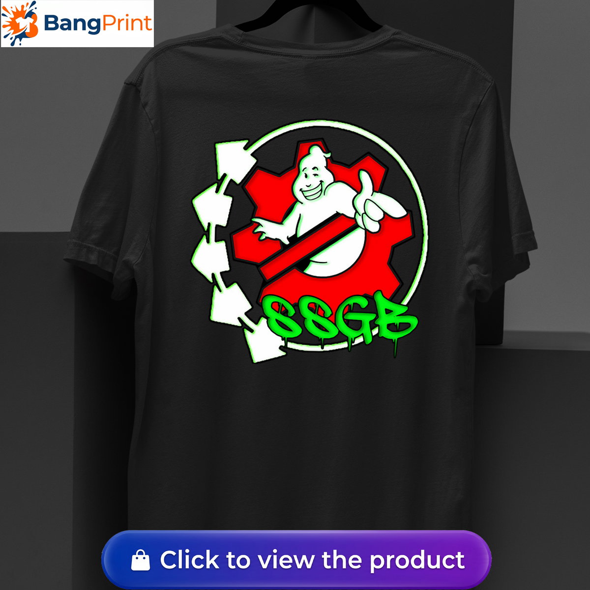 Black t-shirt featuring a white ghost character inside a red gear, surrounded by neon green arrows and SSGB graffiti dripping text.